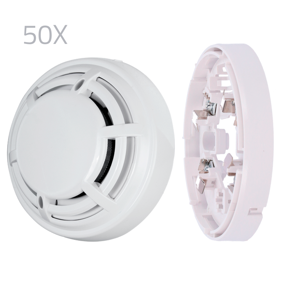 Kit 50 rilevatori ottici e basi DMTech - Rilevatore convenzionale ottico antincendio - Certificato EN54 parte 7 - Allarme a doppio LED per la visualizzazione da qualsiasi luogo - Realizzato in materiale ABS resistente al calore - Base a basso profilo