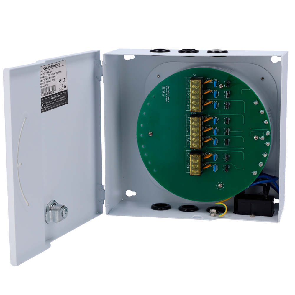 Scatola di distribuzione di alimentazione - Ingresso AC 100-240 V 50/60 Hz - 8 canali - Protezione da fusibile PTC riarmabile - Tensione in uscita 24 V / 8A - Corpo metallico
