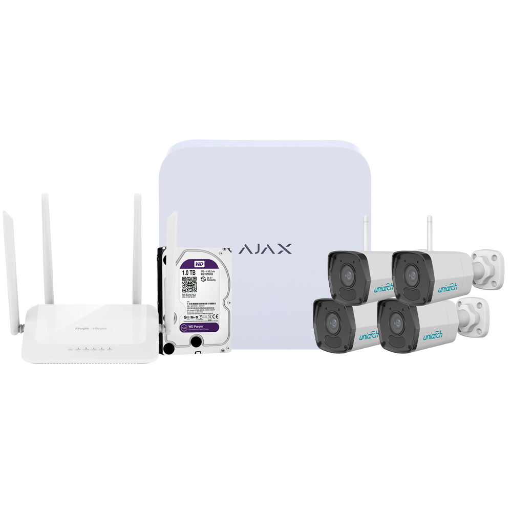Kit di videosorveglianza Ajax - Videoregistratore Ajax da 8 canali - 4 telecamere bullet WiFi da 2 Mpx Uniarch - Router WiFi da 4 porte - Hard disk da 1 TB - Integrazione tramite ONVIF