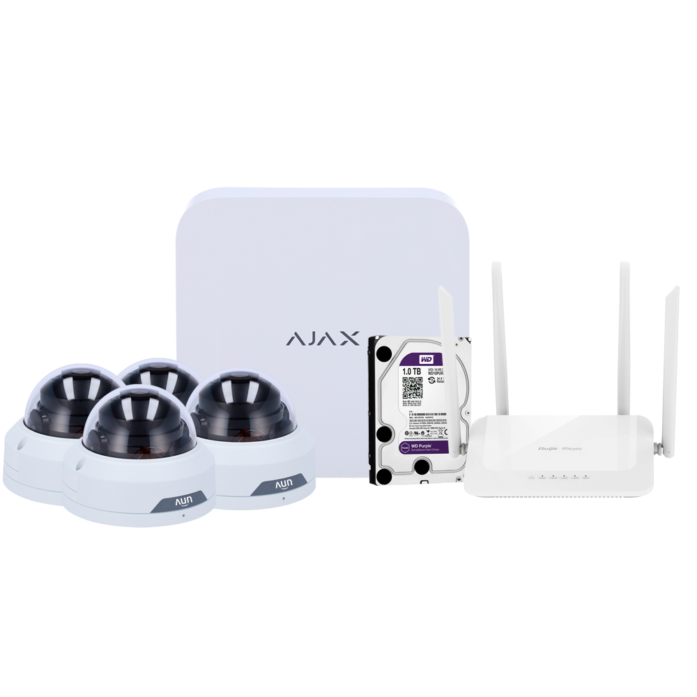 Kit di videosorveglianza Ajax - Videoregistratore Ajax da 8 canali - 4 telecamere turret WiFi da 2 Mpx Uniview - Router WiFi da 4 porte - Hard disk da 1 TB - Integrazione tramite ONVIF