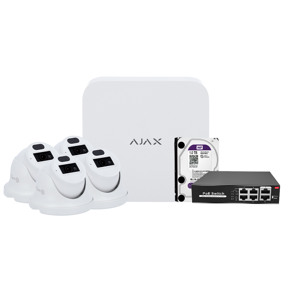 Kit di videosorveglianza Ajax - Videoregistratore Ajax da 8 canali - 4 telecamere turret da 4 Mpx Safire Smart - Switch PoE da 4 canali - Hard disk da 1 TB - Integrazione tramite ONVIF