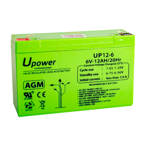 Upower - Batteria ricaricabile - Tecnologia piombo-acido AGM - Voltaggio 6 V - Capacità 12.0 Ah - 100 x 151x x 51/ 1800g - Per backup o uso diretto - BATT-6012-U