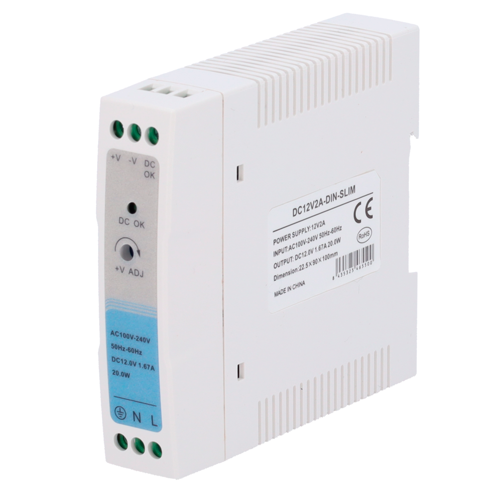 Alimentatore - uscita DC 12 V 1.67 A / 20 W - Tensione in ingresso 100-240VAC 50/60Hz - 23 x 100 x 92 mm - Montaggio su guida DIN - Protezione: Sovraccarico/Sovratensione/Cortocircuito - DC12V2A-DIN-SLIM