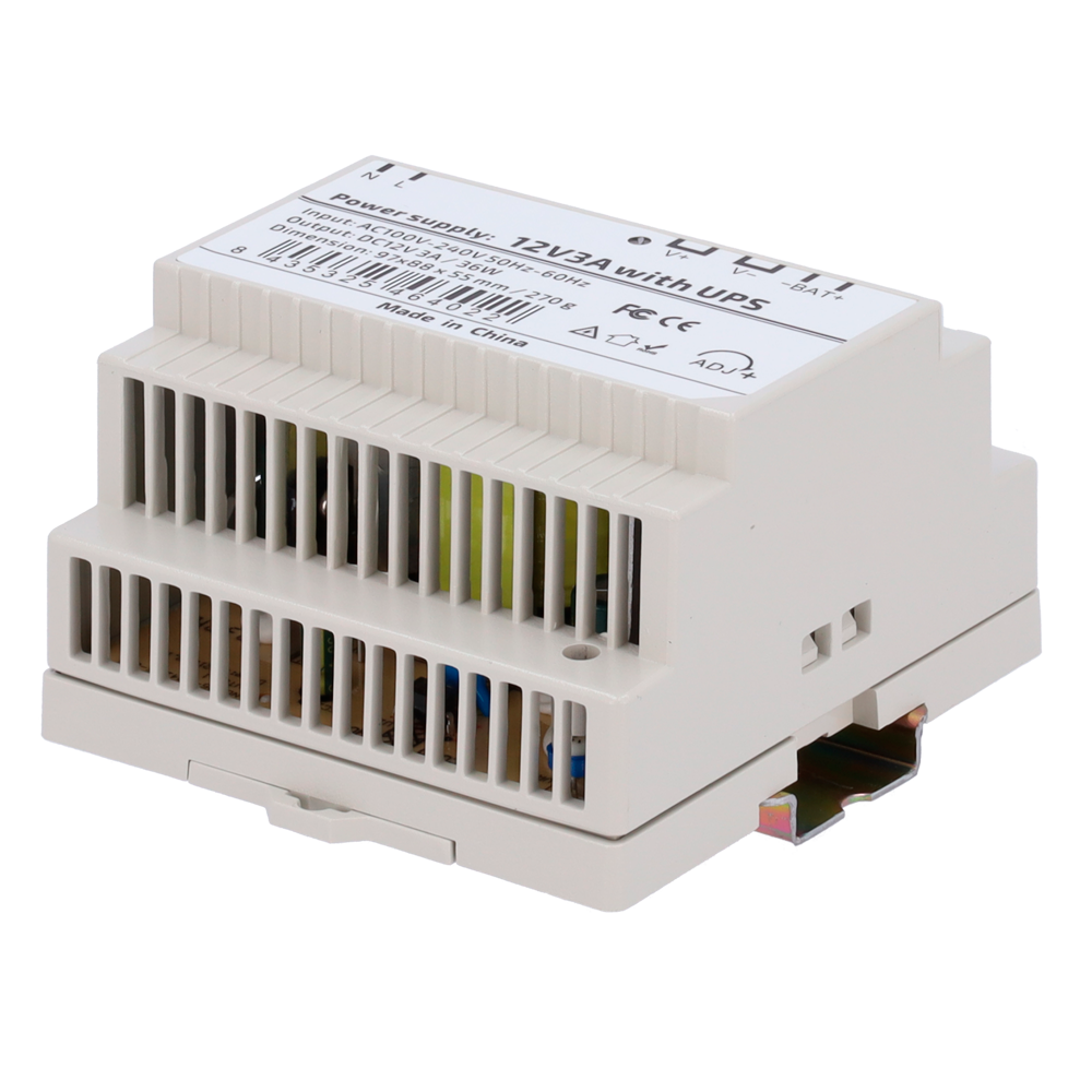 Alimentatore con funzione UPS - uscita DC 12 V 3 A / 36 W - Tensione in ingresso AC 100V ~ 240V 50Hz-60Hz - 97 (P) x 55 (I) x 88 (H) mm - Montaggio su guida DIN - Protezione: Sovraccarico/Sovratensione/Cortocircuito - DC12V3A-DIN-UPS-P