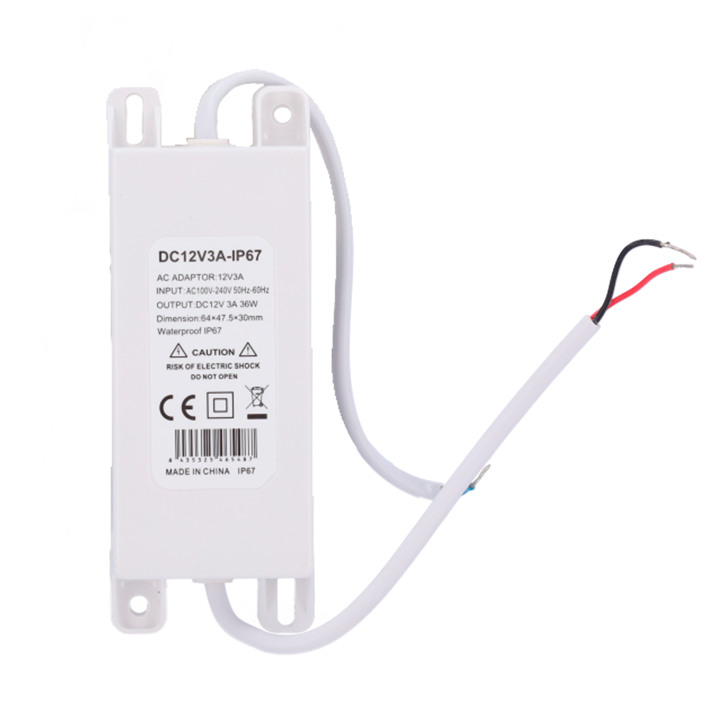 Alimentatore - Uscita DC 12 V 3 A - Uscita AC 230V 50Hz - Waterproof IP67 - Protezione: Sovraccarico/Sovratensione/Sovratemperatura - Colore nero - DC12V3A-IP67