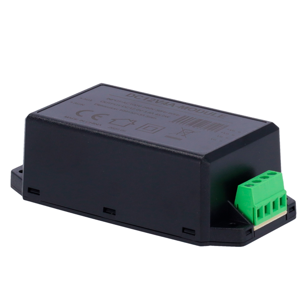 Adattatore di Alimentazione - Uscita DC 12 V 3.8 A - Ingresso AC100-240 V 50/60 HZ - 109 x 52 x 33.5 mm - Protezione: Sovraccarico/Sovratensione - Colore nero - DC12V4A-MODULE