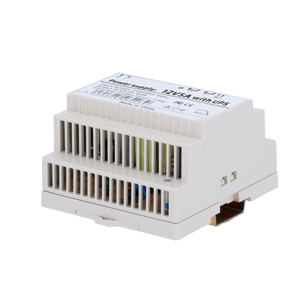 Alimentatore con funzione UPS - uscita DC 12 V 5 A / 60 W - Tensione in ingresso AC 100V ~ 240V 50Hz-60Hz - 97 (P) x 55 (I) x 88 (H) mm - Montaggio su guida DIN - Protezione: Sovraccarico/Sovratensione/Cortocircuito - DC12V5A-DIN-UPS-P