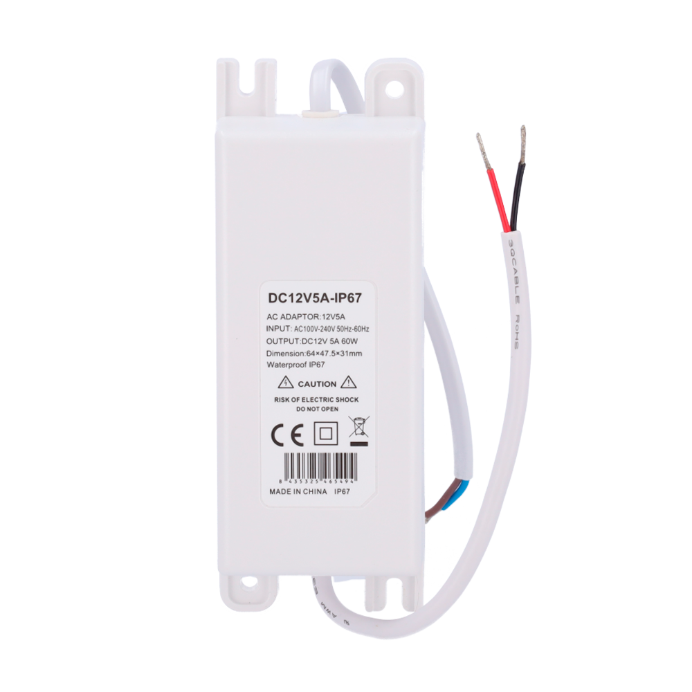 Alimentatore - Uscita DC 12 V 5 A - Uscita AC 230V 50Hz - Waterproof IP67 - Protezione: Sovraccarico/Sovratensione/Sovratemperatura - Colore bianco - DC12V5A-IP67
