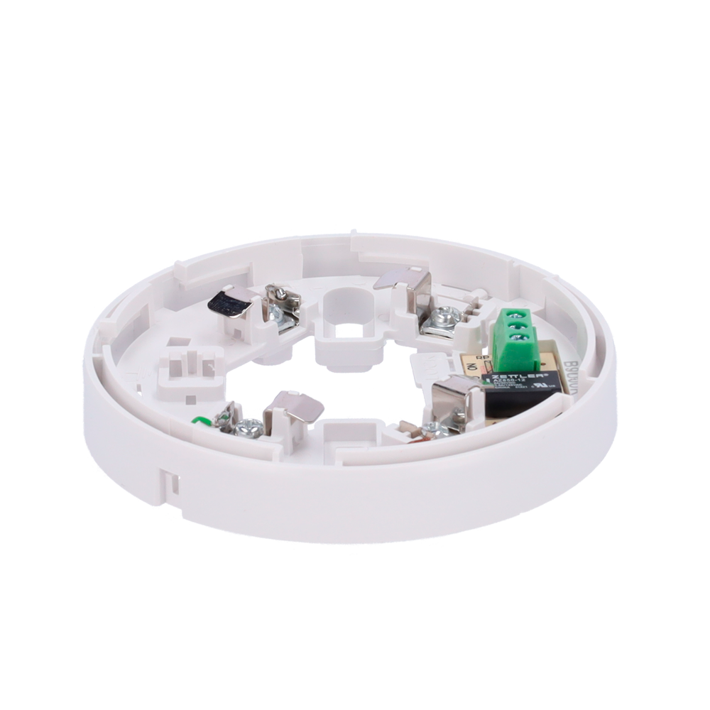Base a basso profilo con Relè - Fino a 12VDC 0.5A / Terminale NO/NC/C - Compatibile con rilevatori V2 e a base alta - Necessario per l'installazione del rilevatore - Montaggio semplice - Possibilità di bloccare il rilevatore alla base - Compatibile con led di attività