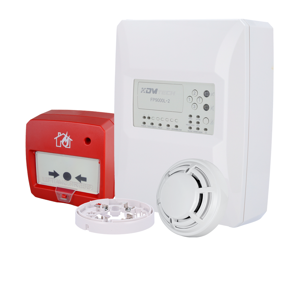 Kit centrale convenzionale di 2 zone - Rilevatore ottico di fumo - Base del rilevatore - Pulsante di reset - Fino a 30 rilevatori per zona - Sistema convenzionale