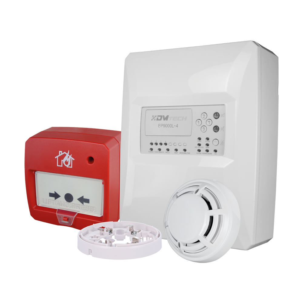Kit centrale convenzionale di 4 zone - Rilevatore ottico di fumo - Base del rilevatore - Pulsante di reset - Fino a 32 rilevatori per zona - Sistema convenzionale