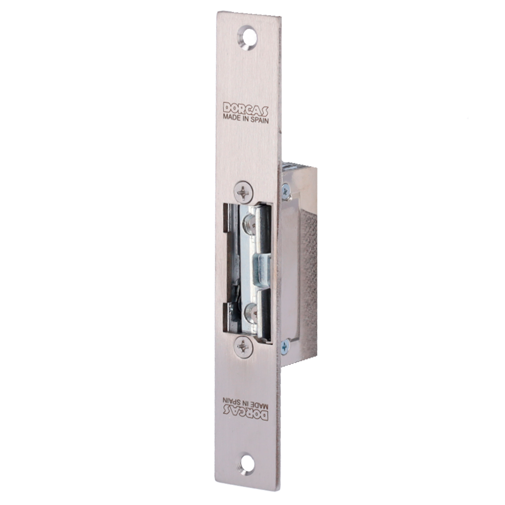 Apriporta elettrico Dorcas - Per porta singola | Scrocco radiale regolabile - Modo apertura Fail Secure (NO) - Forza di ritenzione 330 kg | Anteriore senza taglio - Alimentazione AC/DC 10-24V - Montaggio ad incasso | Passaggio libero