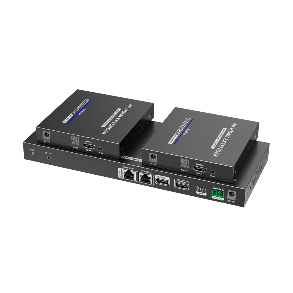 Splitter-Extender HDMI 1x4 - 1 trasmettitore / 4 ricevitori - Risoluzione fino a 4K@60Hz -Distanza fino a 70m - con Cavo UTP CAT6/6A/7 - Controllo RS232