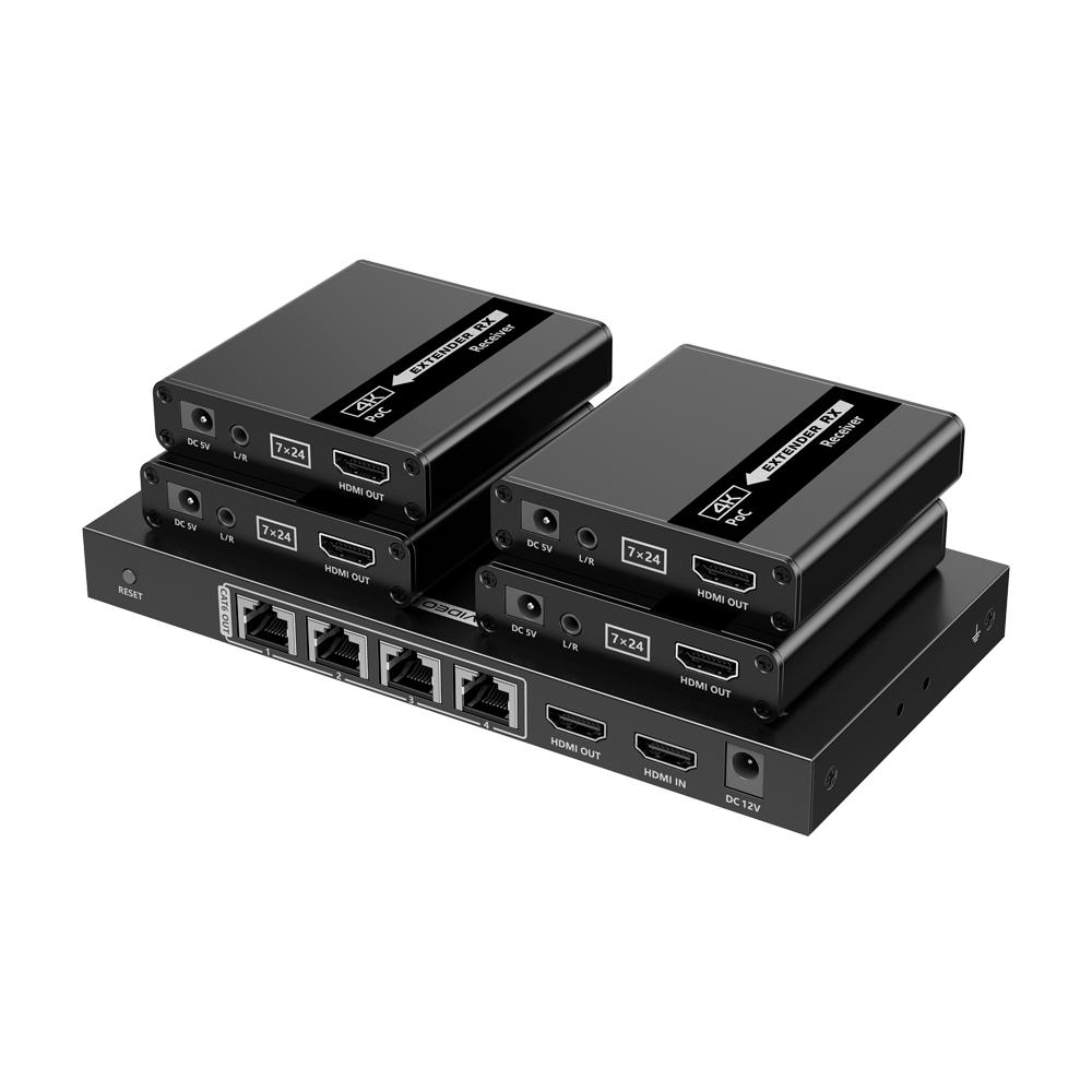 Splitter-Extender HDMI 1x4 - 1 trasmettitore / 4 ricevitori - Risoluzione fino a 4K@30Hz -Distanza fino a 70m - con Cavo UTP CAT6/6A/7 - Controllo RS232