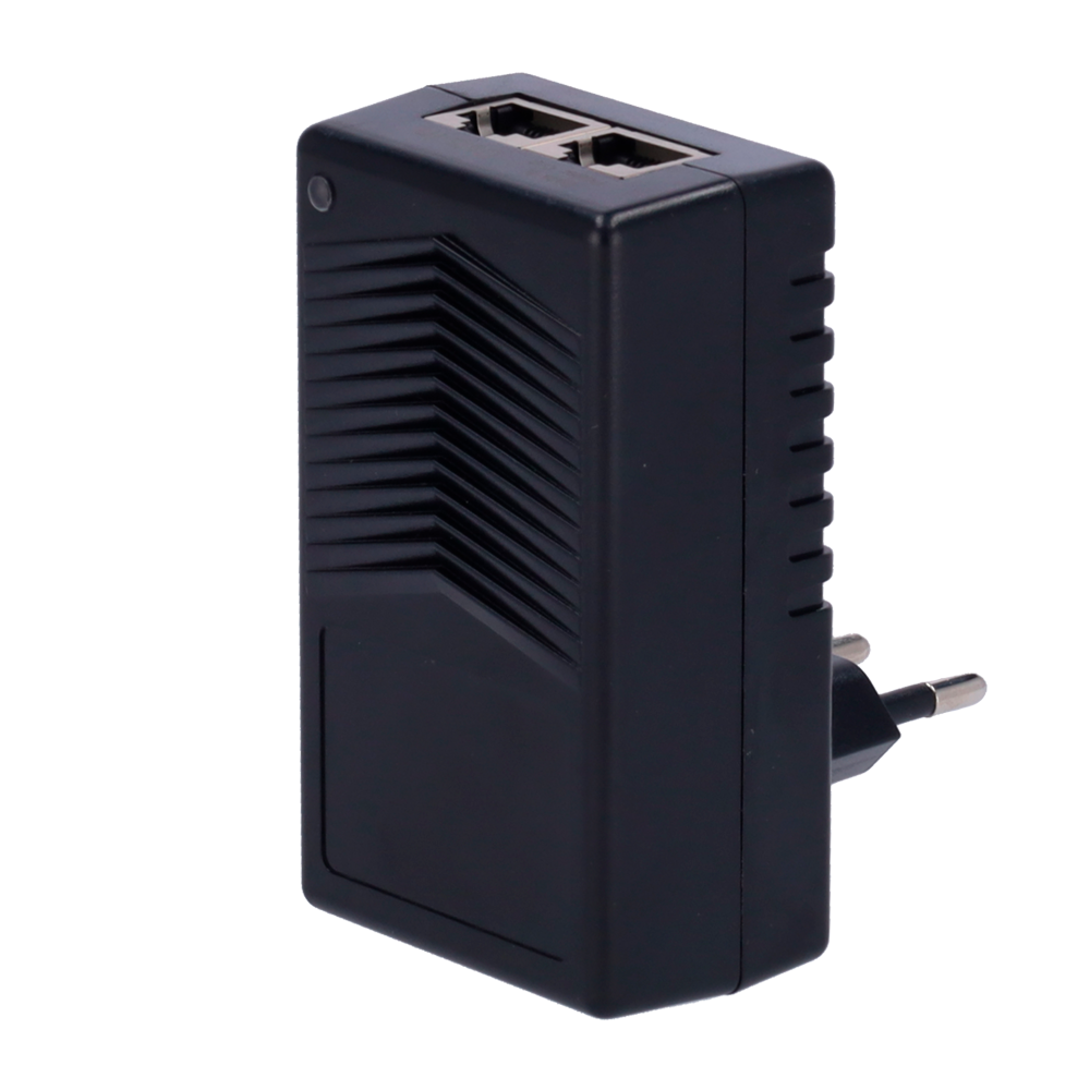 Iniettore PoE da parete - Ingresso/Uscita RJ45 10/100 Mbps - Potenza 15 W - Distanza massima 100 m - Velocità 100M - Stabilizzato e protetto