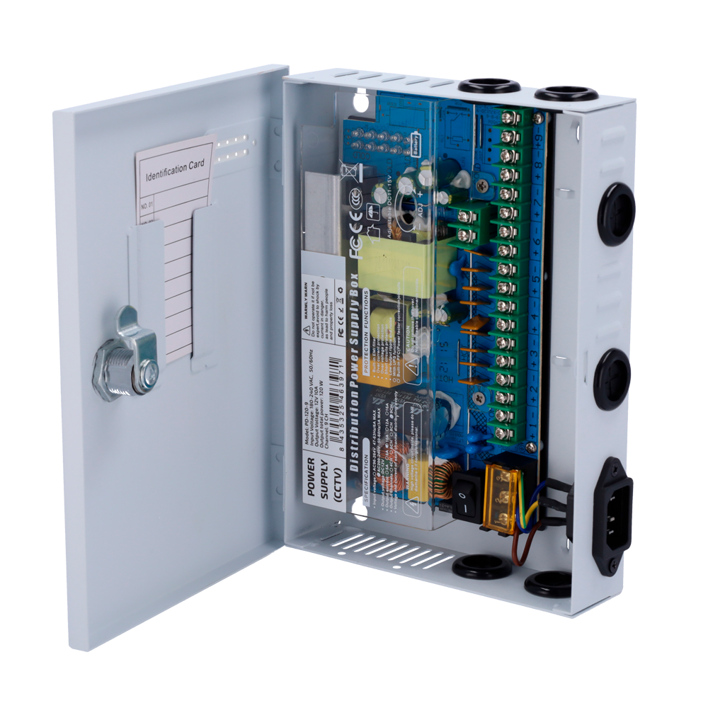 Scatola di distribuzione di alimentazione - 1 ingresso AC 180-246 V 50-60Hz - 9 uscite con doppino rame - Fusibile di protezione ripristinabile - Voltaggio d'uscita 12 V / 120 W - Corpo metallico