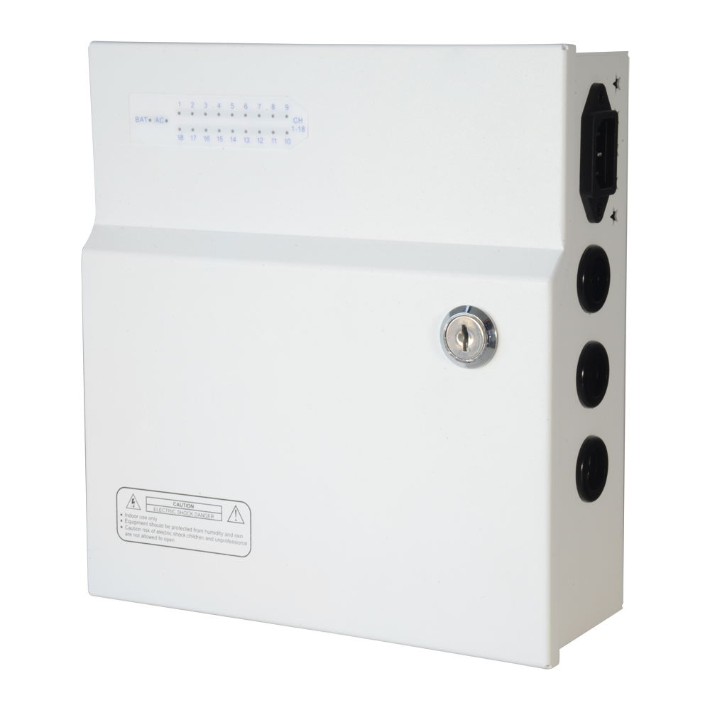 Scatola di distribuzione di alimentazione - 1 ingresso AC 110 V ~ 220 V - 18 uscite con doppino rame - Protezione da fusibile PTC riarmabile - Voltaggio d'uscita 12 V / 250 W - Funzione UPS (SAI) - PD250W-18-12V-UPS