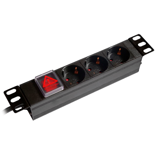 Presa di corrente multipla - Progettata per rack standard da 10" - Formato per rack 1U - 3 uscite fino a 250VAC / 16 A max. - Interruttore on/off - Pulsante di reset per sovraccarico - PDU-3P1U-SW-10INCH
