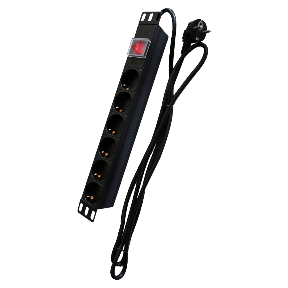 Presa di corrente multipla - Formato per rack 1U - 6 uscite fino a 250VAC / 16 A max. - Interruttore on/off - Pulsante di reset per sovraccarico - Colore nero - PDU-6P1U-SWITCH