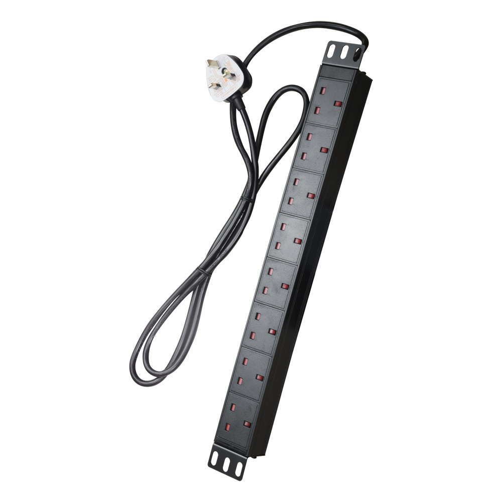 Presa multipla con spina UK - Progettata per rack standard da 19" - 8 uscite fino a 250VAC / 13 A max. - Dimensione 1U per facilitare l'installazione - Colore nero - PDU-8P1U-UK
