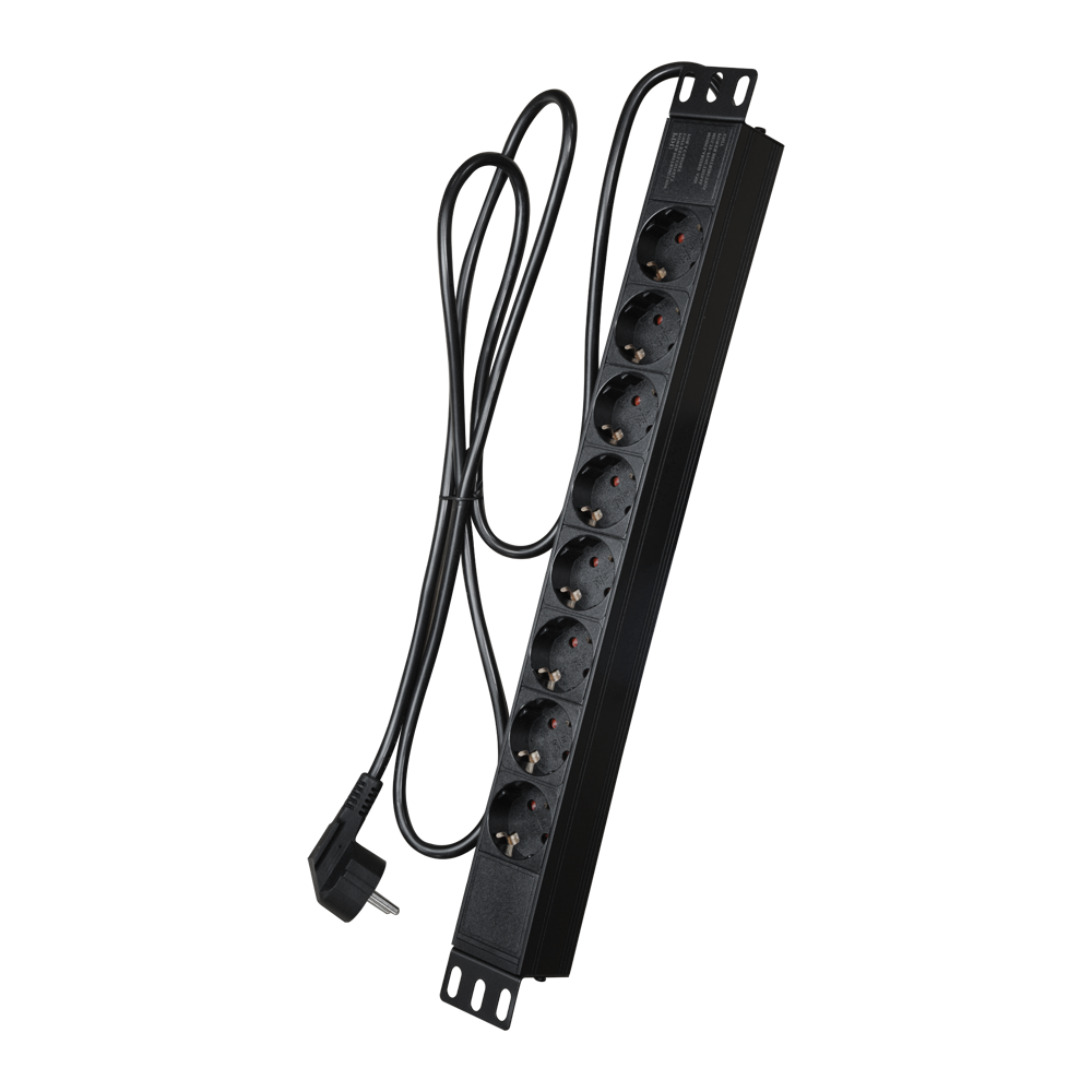 Presa di corrente multipla - Progettata per rack standard da 19" - 8 uscite fino a 250VAC / 16 A max. - Dimensione 1U per facilitare l'installazione - Interruttore automatico di sicurezza - Colore nero - PDU-8P1U