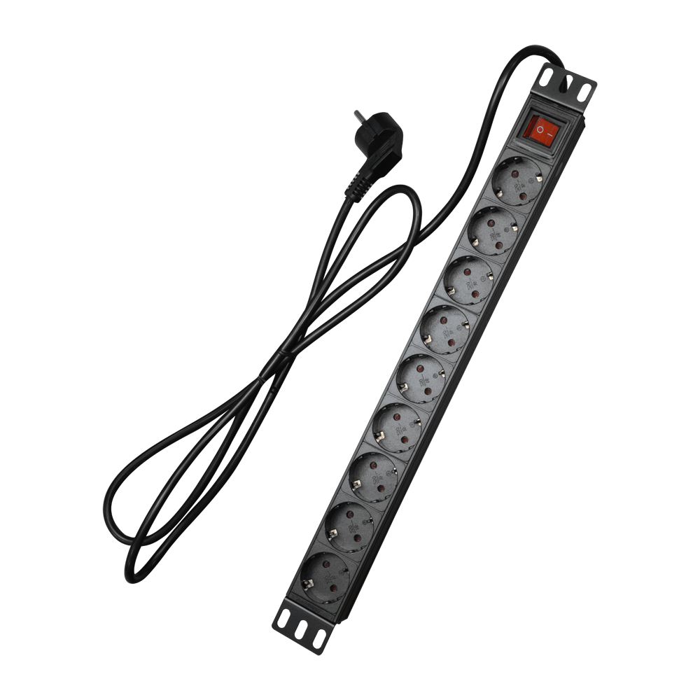 Presa di corrente multipla - Formato per rack 1U - 9 uscite fino a 250VAC / 16 A max. - Interruttore on/off - Colore nero - PDU-9P1U-SWITCH