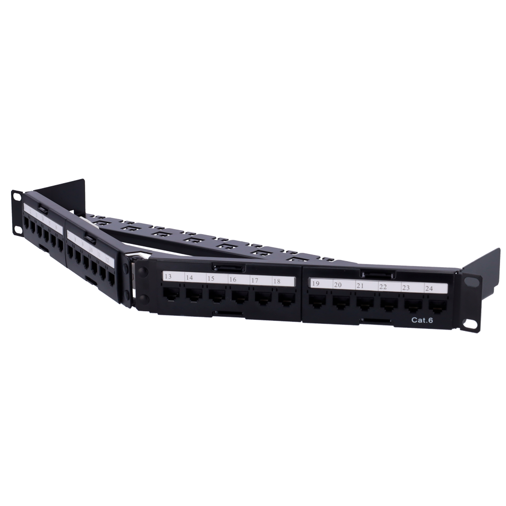 Patch panel angolare di 24 porte UTP - Ammette cavi fino a CAT6 - Formato per rack 1U - Dimensione 1 U per facilitare l'installazione - Barra per fissaggio cavi - PP-A24UTP6