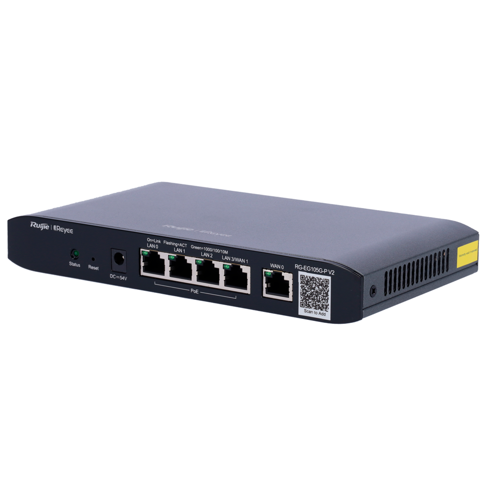 Reyee Router Controller Cloud - 5 Porte RJ45 10/100 /1000 Mbps - 4 Porte PoE+ 802.3af/at / Massimo 54W - Supporta fino a 2 WAN per il failover o il bilanciamento - Fino a 600Mbps di larghezza di banda - Server VPN IPSec, L2TP, PPTP