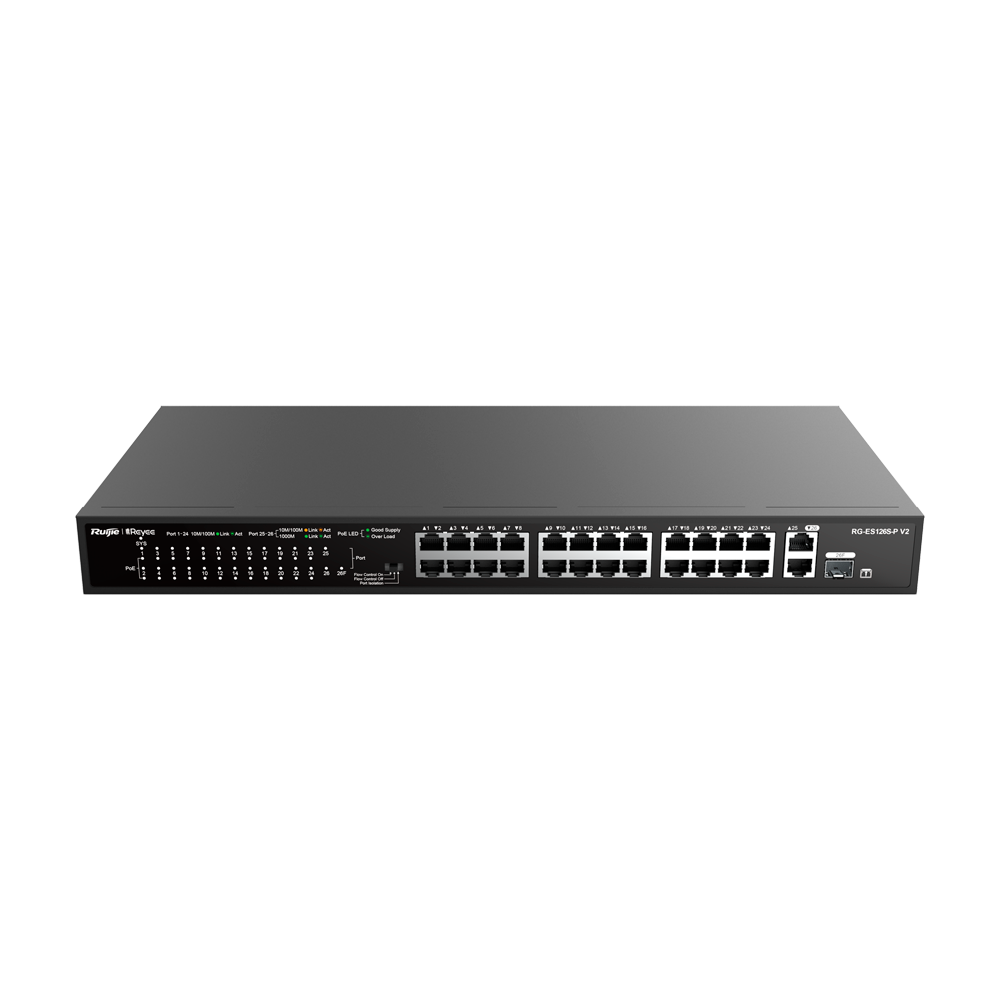 RG-ES126S-P-V2 Reyee Switch PoE da Tavolo - 24 Porte RJ45 + 1 Uplink RJ45 + 1 SFP Combo - 24 Porte 10/100Mbps + 2 Porte 10/100/1000Mbp - 24 Porte PoE+ 802.3af/at | Potenza totale 370W - Isolamento porte / Controllo del flusso - Plug and Play