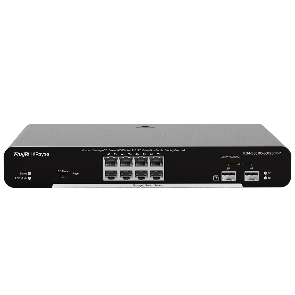 Reyee Switch PoE Cloud Layer 2 - 8 porte PoE+ Gigabit+ 2 SFP Gigabit - 30W per porta 802.3af/at / Massimo 125W - Static LAG/DHCP Snooping/IGMP Snooping/Port Mirroring - VLAN/Port Isolation/STP/RSTP/ACL/QoS - Montaggio su rack