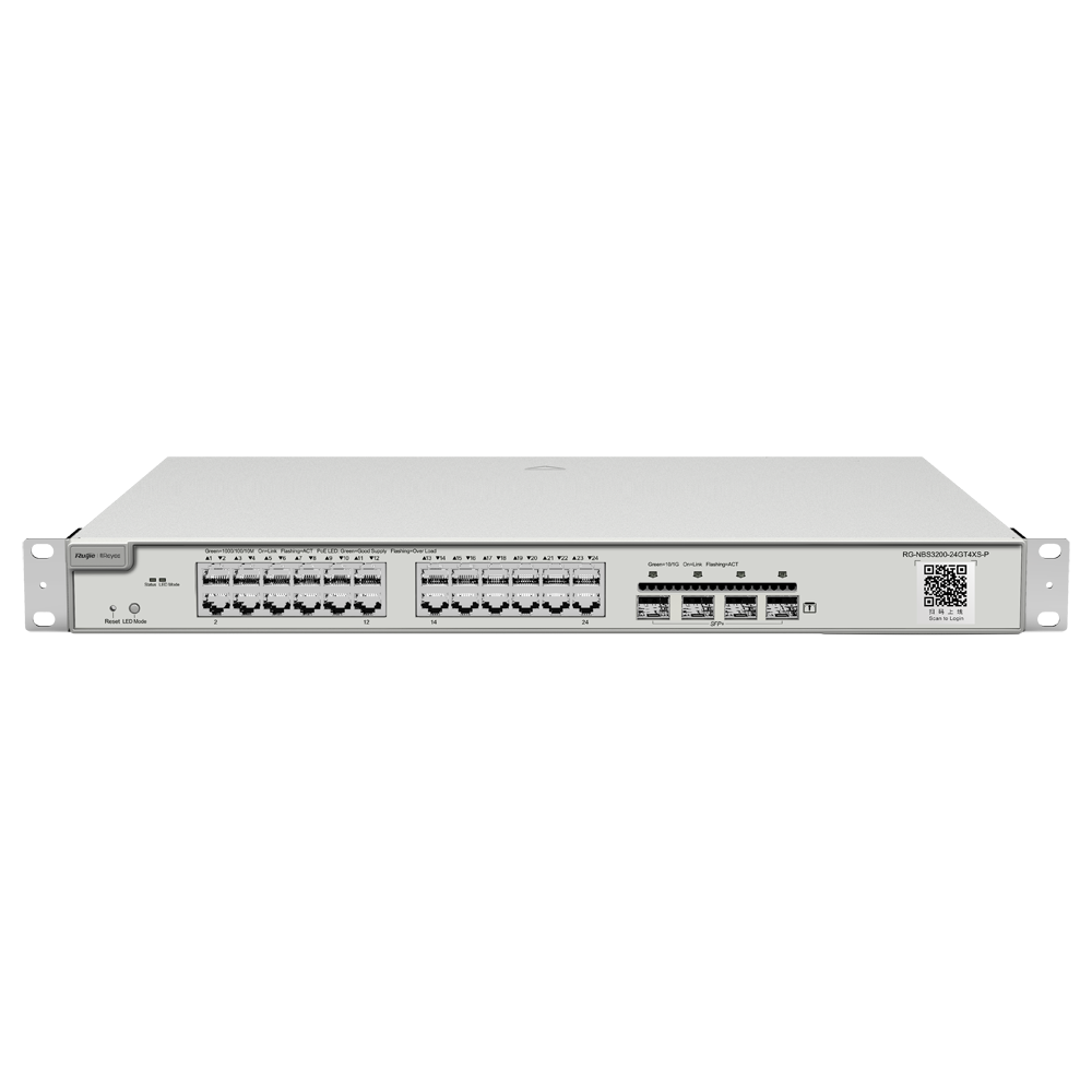 Reyee Switch PoE Cloud Layer 2 - 24 porte PoE Gigabit+ 4 10Gbps SFP+ - 30 W per porta 802.3af/at / Massimo 370W - Static LAG/DHCP Snooping/IGMP Snooping/Port Mirroring - VLAN/Port Isolation/STP/RSTP/ACL/QoS - Montaggio su rack