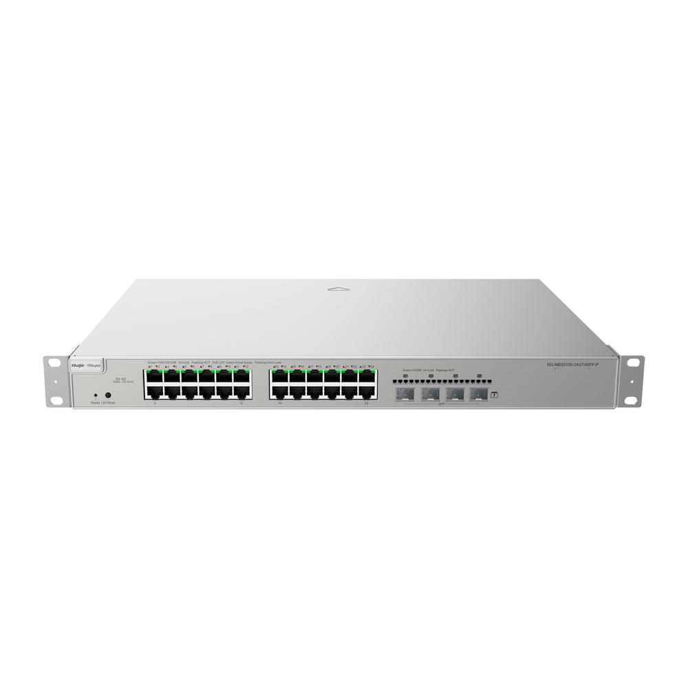 Reyee Switch PoE Cloud Layer 3 - 24 porte PoE RJ45 Gigabit + 4 SFP Gigabit - 30W per porta 802.3af/at / Massimo 370W - Static LAG/DHCP Snooping/IGMP Snooping/Port Mirroring - VLAN/Porta Isolation/STP/RSTP/ACL/QoS/802.1X - Server DHCP/Rotte statiche/RIP/OSPF/SNMP