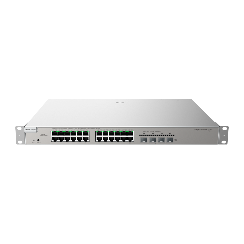 Reyee Switch PoE Cloud Layer 3 - 24 porte PoE RJ45 Gigabit + 4 SFP+ 10Gb - 30W per porta 802.3af/at / Massimo 370W - Static LAG/DHCP Snooping/IGMP Snooping/Port Mirroring - VLAN/Porta Isolation/STP/RSTP/ACL/QoS/802.1X - Server DHCP/Rotte statiche/RIP/OSPF/SNMP