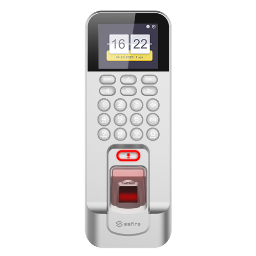 Controllo accessi e presenze - Impronte digitali, scheda EM e PIN - 3.000 utenti | 100.000 registri - TCP/IP, WiFi, USB, RS485, Wiegand e Relè - Controllo integrato | Modalità di presenza - Software Safire Control Center | Argento