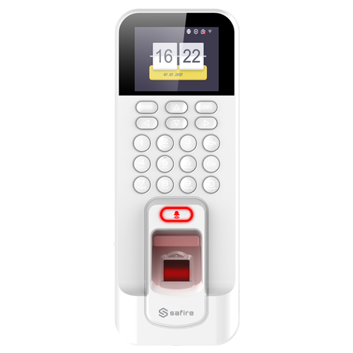 Controllo accessi e presenze - Impronte digitali, scheda EM e PIN - 3.000 utenti | 100.000 registri - TCP/IP, WiFi, USB, RS485, Wiegand e Relè - Controllo integrato | Modalità di presenza - Software Safire Control Center | Bianco