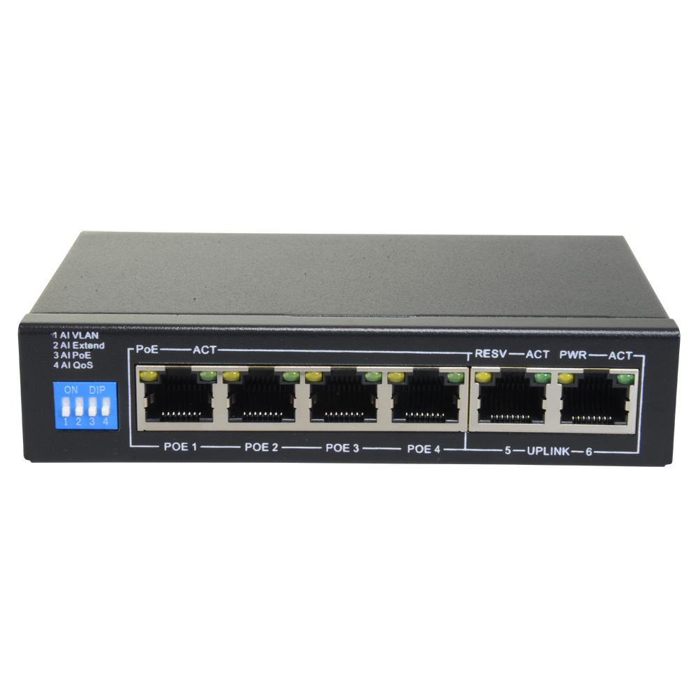 Switch PoE - 4 porte PoE + 2 Uplink RJ45 - Velocità fino a 100 Mbps su tutte le porte - Fino 60W in totale per tutte le porte - Larghezza di banda 1.2 Gbps - Standard IEEE802.3af (PoE) / a (PoE+)