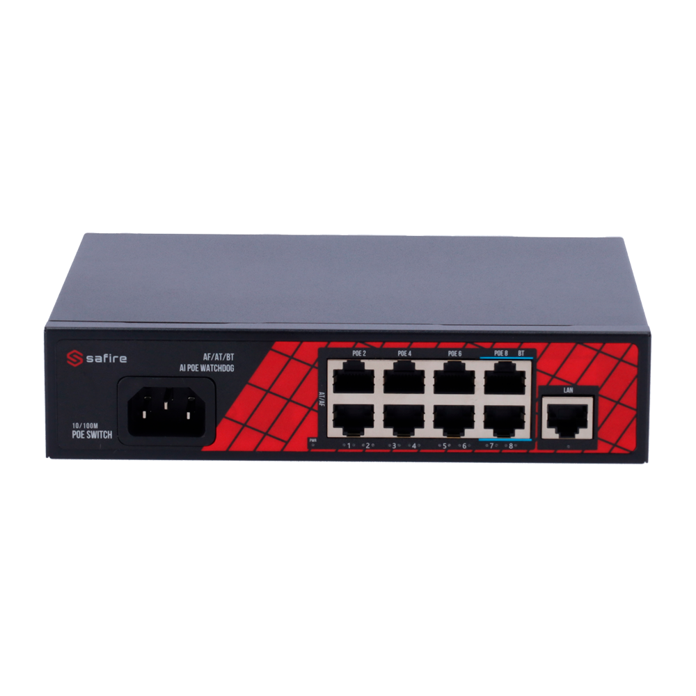 Safire Switch Hi-PoE - 8 porte PoE + 1 Uplink RJ45 - Velocità porte 10/100Mbps - 6 Porte PoE+ 30W + 2 Porte Hi-PoE 60W - Potenza PoE totale da 120W
-
- PoE Watchdog / Auto PoE Esteso fino a 250m