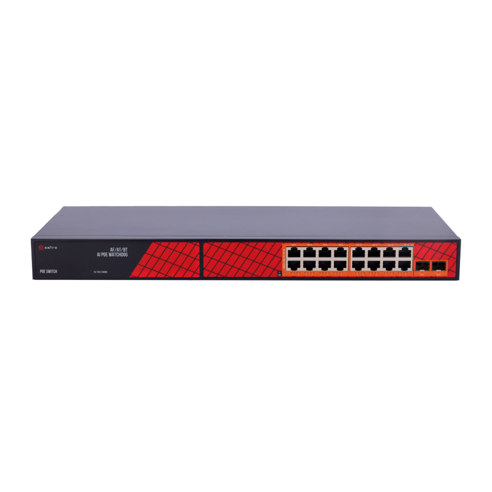 Safire Switch Hi-PoE - 16 porte PoE + 2 SFP - Velocità porte Gigabit 10/100/1000Mbps - 14 Porte PoE+ 30W + 2 Porte Hi-PoE 60W - PoE Watchdog - Fino a 300W Potenza PoE totale
