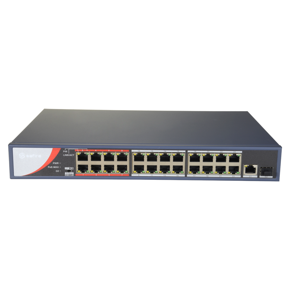 Switch PoE - 24 Porte PoE + Gigabit Combo Port - Velocità 10/100 Mbps - Fino 230W in totale per tutte le porte - Fino a 4k della tabella degli indirizzi MAC - Standard IEEE802.3af (PoE) / a (PoE+)