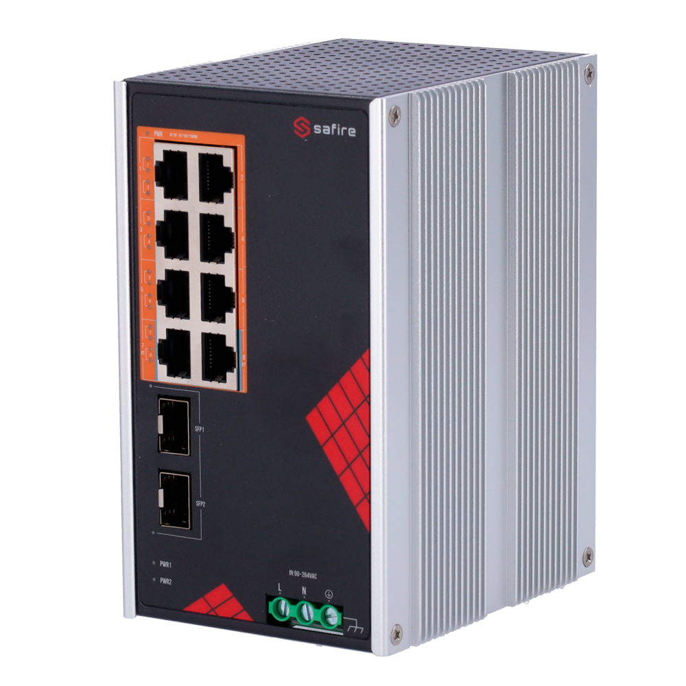 Safire Switch Industriale Alimentazione AC 90~264V - 8 porte Gigabit + 2 SFP Gigabit - 6 Porte PoE+ 30W + 2 Porte Hi-PoE 60W - PoE Watchdog - Fino a 130W Potenza PoE totale - Installazione su guida DIN
