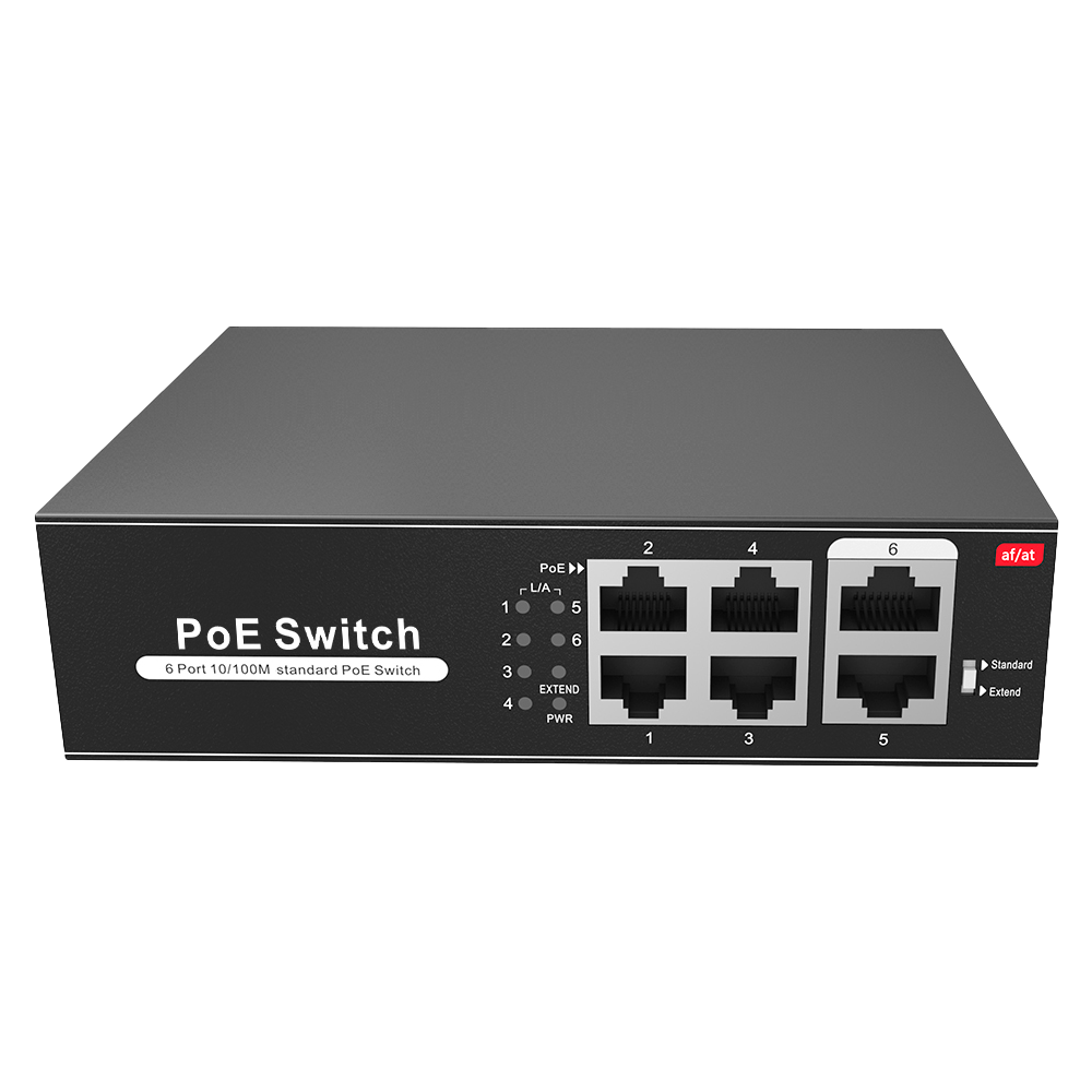 Switch PoE - 4 porte PoE + 2 Uplink RJ45 - Velocità fino a 100 Mbps su tutte le porte - Fino 60W in totale per tutte le porte - Larghezza di banda 1.2 Gbps - Standard IEEE802.3af (PoE) / a (PoE+)
