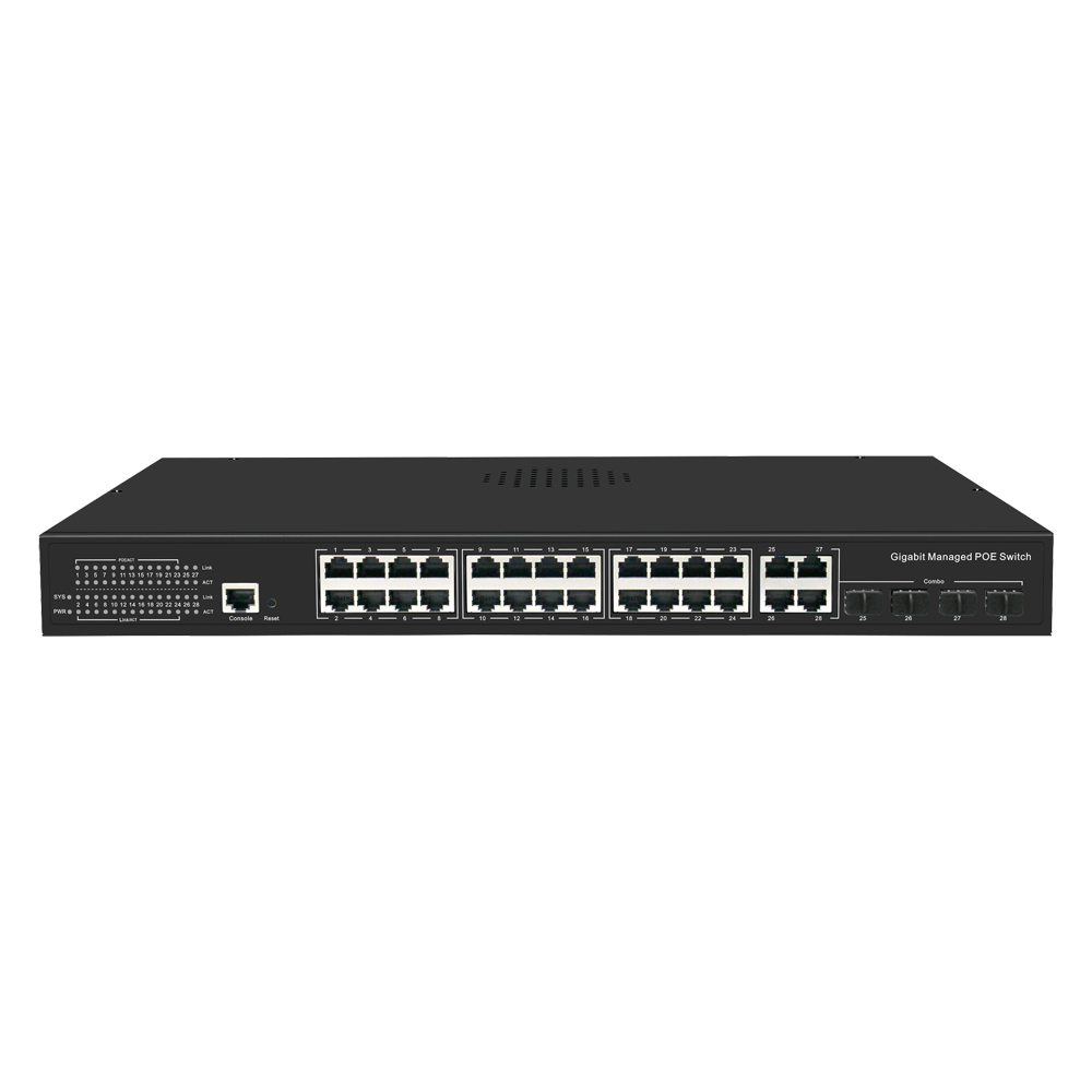 Switch PoE Gestibile - 24 porte PoE + 4 Combo Gigabit + 4 Combo SFP - Velocità 10/100/1000 Mbps - 30 W per porta 802.3af/at / Massimo 300W - VLAN/Porta Isolation/STP/RSTP/MSTP/QoS/802.1X - LACP/Static LAG/DHCP Snooping/IGMP Snooping/QoS