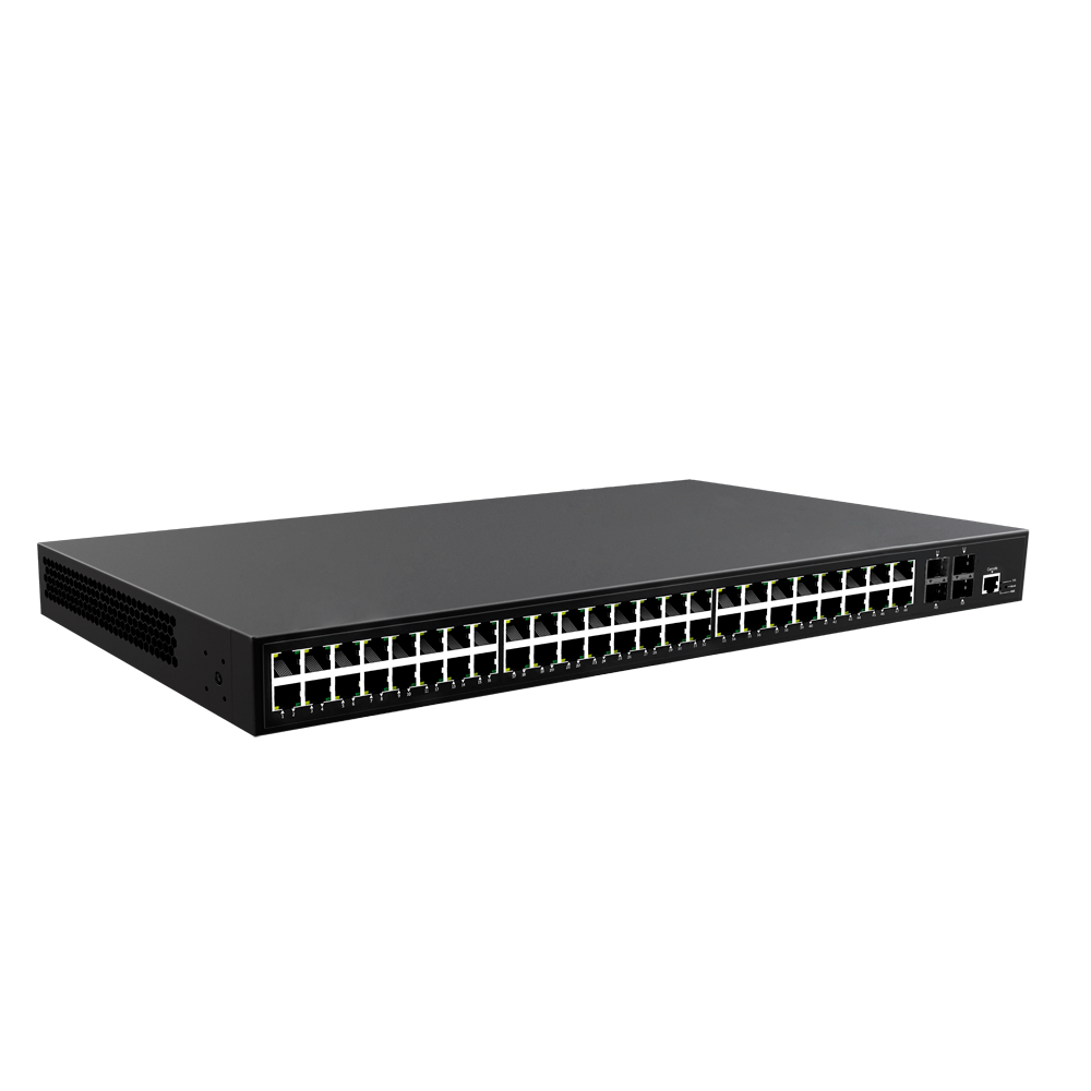 Switch PoE Gestibile - 48 porte PoE + 4 Gigabit SFP - Velocità 10/100/1000 Mbps - 30 W per porta 802.3af/at / Massimo 600W - VLAN/Porta Isolation/STP/RSTP/MSTP/ACL/QoS/802.1X - Static LAG/DHCP Snooping/IGMP Snooping/Port Mirroring