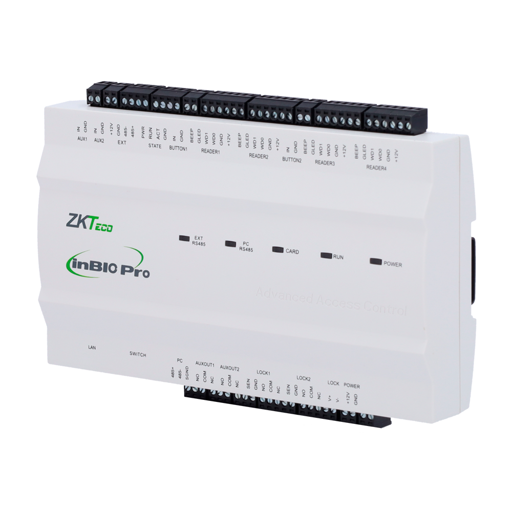 Controller di accessi biometrico - Accesso tramite impronta digitale, tessera o password - Comunicazione TCP/IP | RS485 - 4 lettori Wiegand | 4 lettori RS485 - Uscita Relè per 2 porte - ZKBioCV