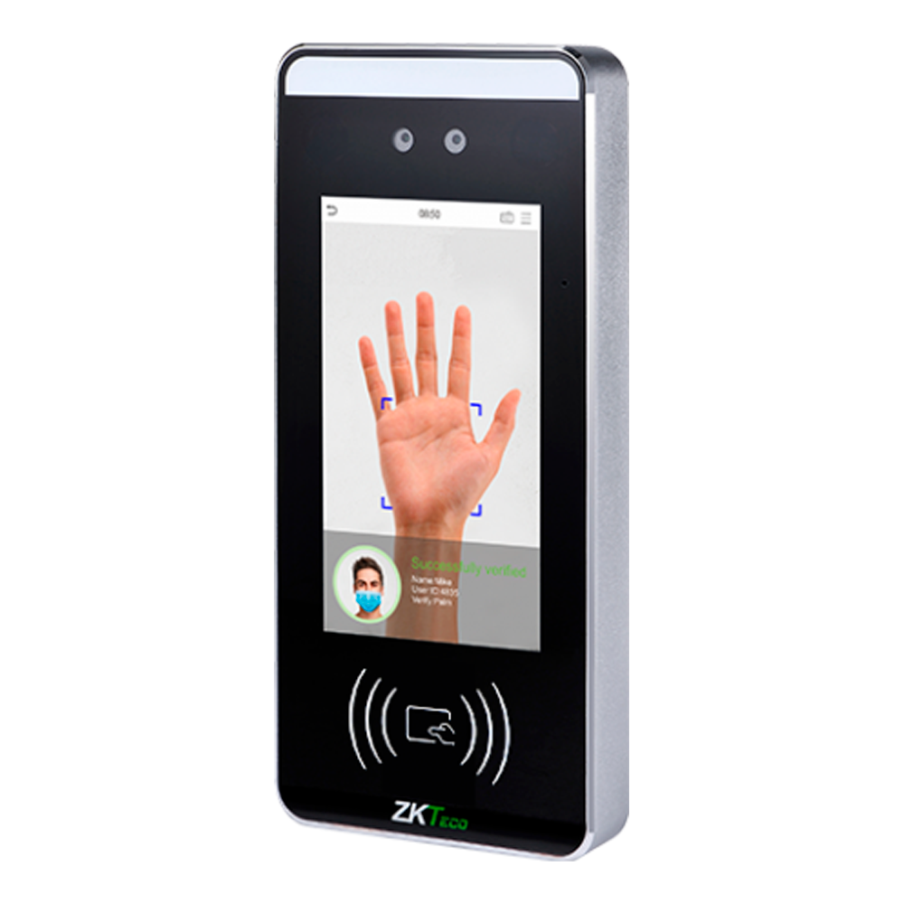 Controllo accessi e presenze con BioOnCard - Riconoscimento Facciale, del Palmo della mano, Scheda MF DESFire e PIN - 6.000 volti | 200.000 registri - 5" TFT tattile | TCP/IP, WiFi, RS485 e Wiegand - Soft. Accessi: ZKBioAccess | ZKBioCV - Soft. Presenza: ZKBioTime8 | GoTimeCloud