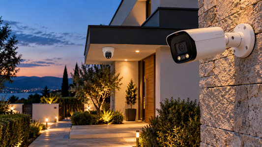 Telecamere di videosorveglianza da esterno bullet e dome installate su un'abitazione moderna, con visione notturna e illuminazione del giardino.