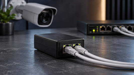 Iniettore PoE per telecamera IP con cavi Ethernet collegati, switch di rete e sistema di videosorveglianza sullo sfondo.