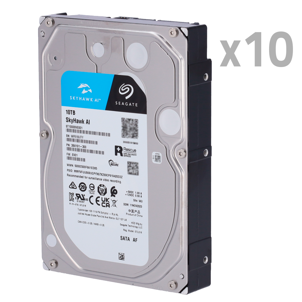 Pack di Hard Disk - 10 unità  - Seagate SkyHawk ST10000VE0008  - Fino a 32 trasmissioni di intelligenza artificiale - 10 TB di immagazzinamento - Indicato per TVCC con intelligenza artificiale