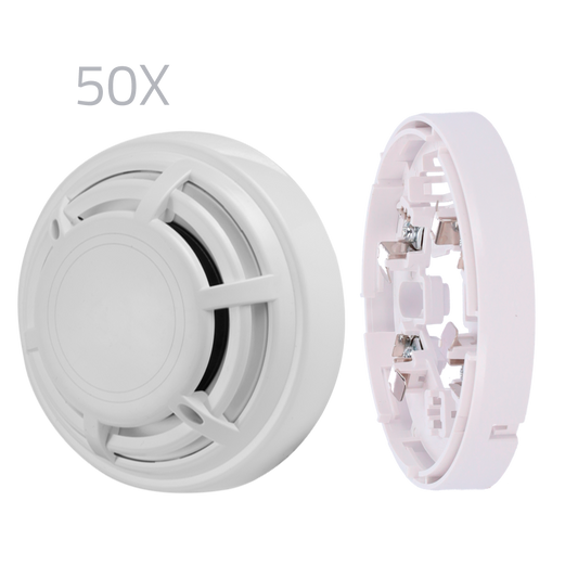 Kit 50 rilevatori termici e basi DMTech - Rivelatore termovelocimetrico convenzionale - Certificato EN54 parte 5 - Allarme a doppio LED per la visualizzazione da qualsiasi luogo - Realizzato in materiale ABS resistente al calore - Base a basso profilo