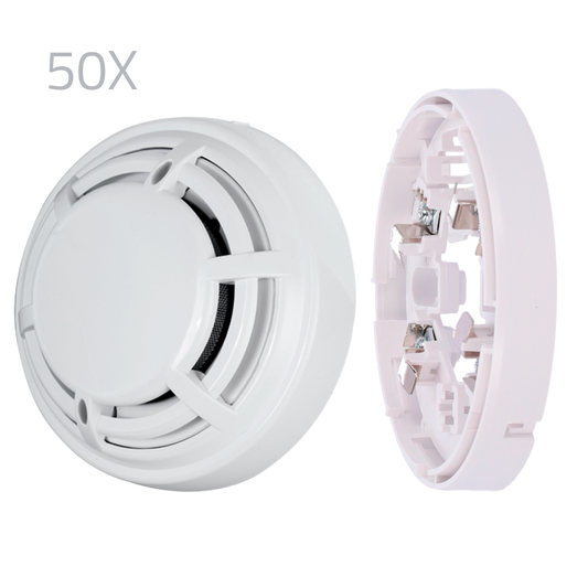 Kit 50 rilevatori ottici e basi DMTech - Rilevatore convenzionale ottico antincendio - Certificato EN54 parte 7 - Allarme a doppio LED per la visualizzazione da qualsiasi luogo - Realizzato in materiale ABS resistente al calore - Base a basso profilo